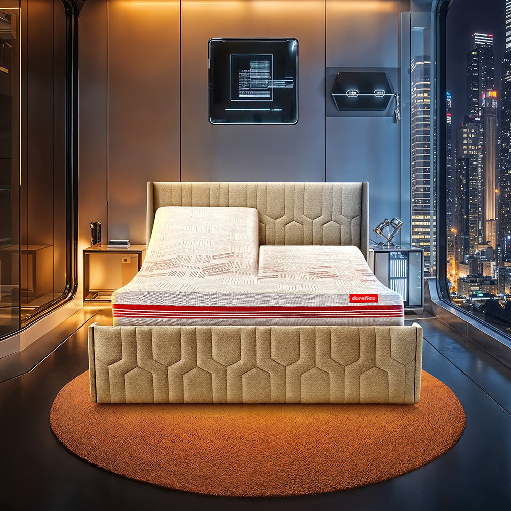 Wave Twin Adjustable Bed with Tranquil Walnut Shell Upholstered Bed, Mattress, and 2 Fitted Bedsheets | Duroflex Furniture