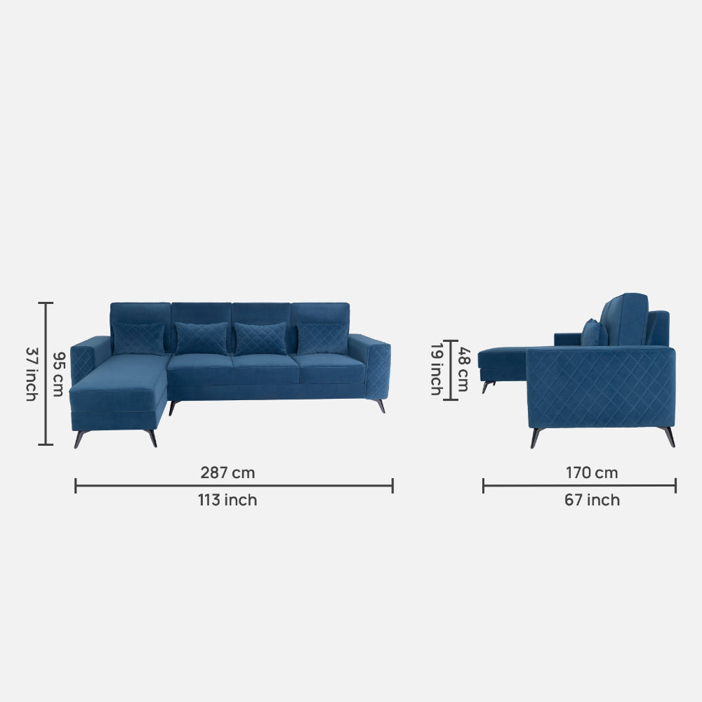 Eden Sapphire Blue Fabric 3 Seater Sofa With Lounger