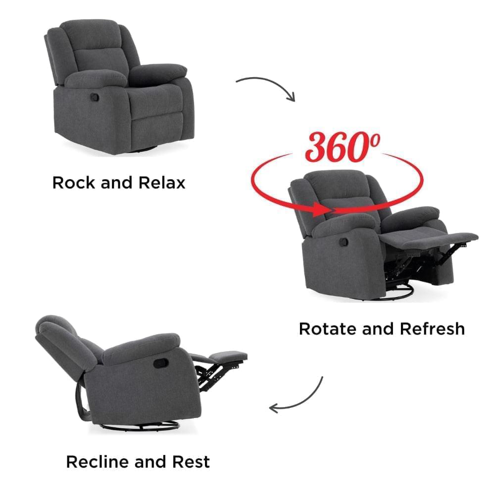 Avalon - Rocking & Revolving Single Seater Fabric Recliner in Graphite Grey Colour