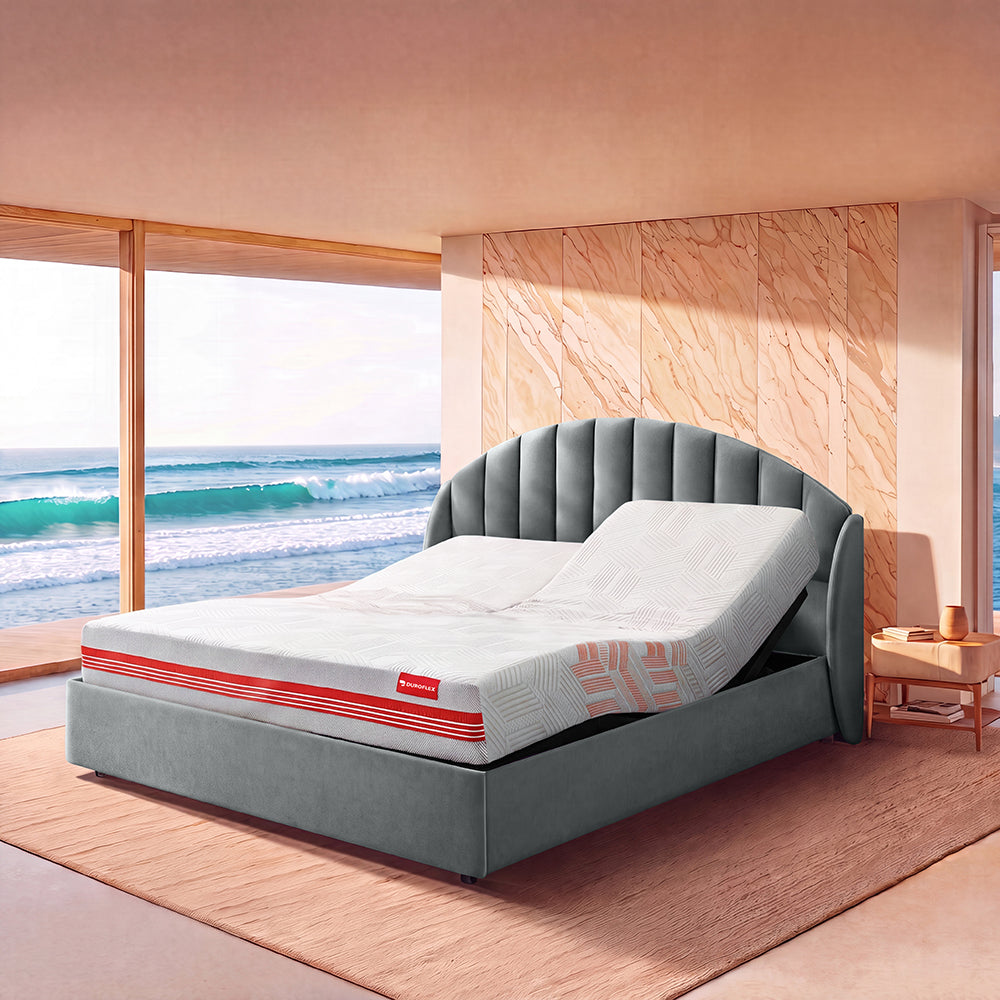 Wave Twin Adjustable Bed with Celeste Grey (Stormy Weather) Upholstered Bed with Arctic Ice Quboid Split 8