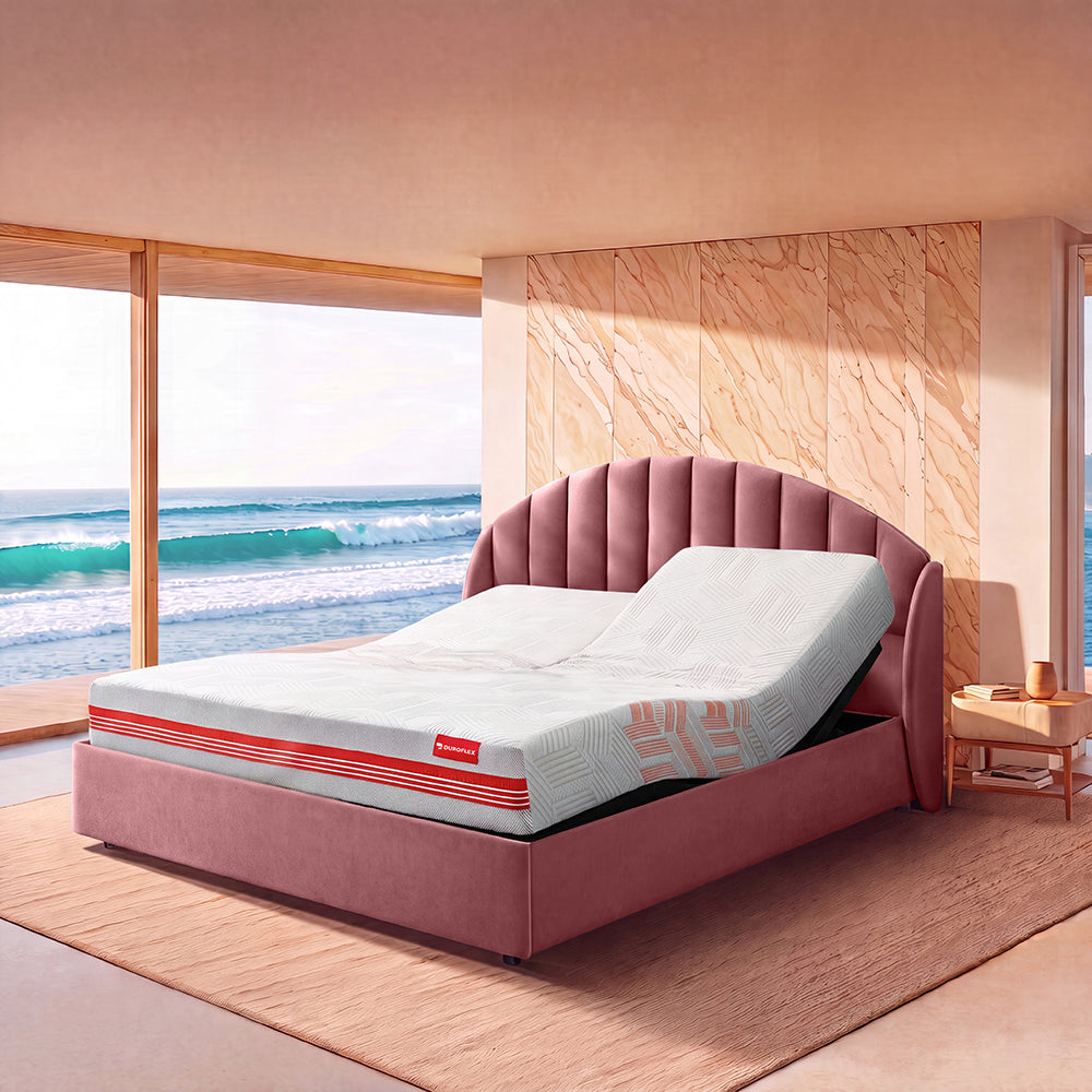 Wave Twin Adjustable Bed with Celeste Pink (Rose Dawn) Upholstered Bed with Arctic Ice Quboid Split 8