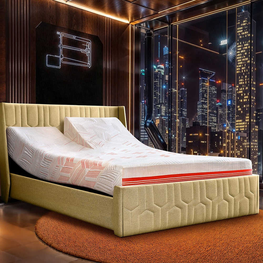 Wave Twin Adjustable Bed with Tranquil Brown ( Walnut Shell ) Upholstered Bed, Mattress, and 2 Fitted Bedsheets