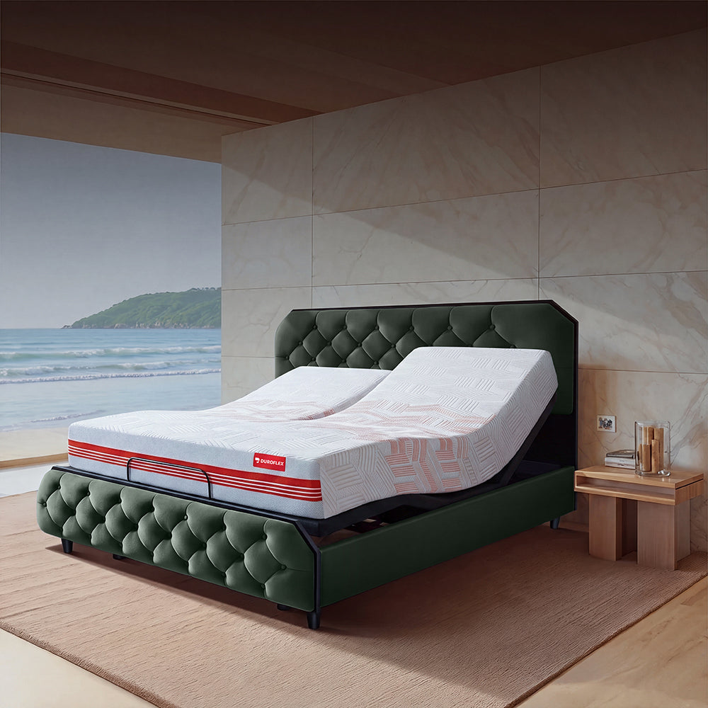 Wave Twin Adjustable Bed with Serene Green (Mountain View) Upholstered Bed with Arctic Ice Quboid Split 8