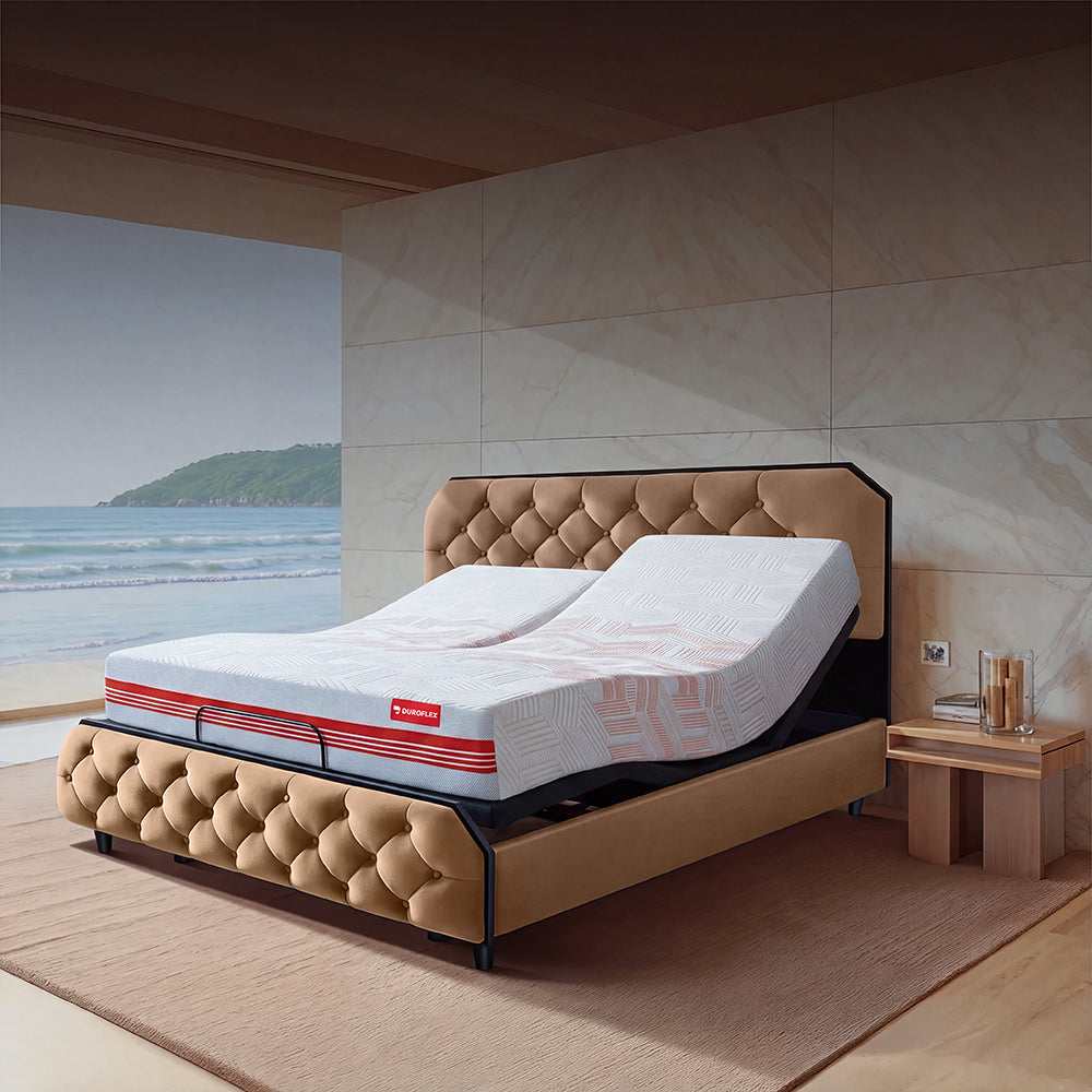 Wave Twin Adjustable Bed with Serene Brown (Tiger's Eye) Upholstered Bed with Arctic Ice Quboid Split 8