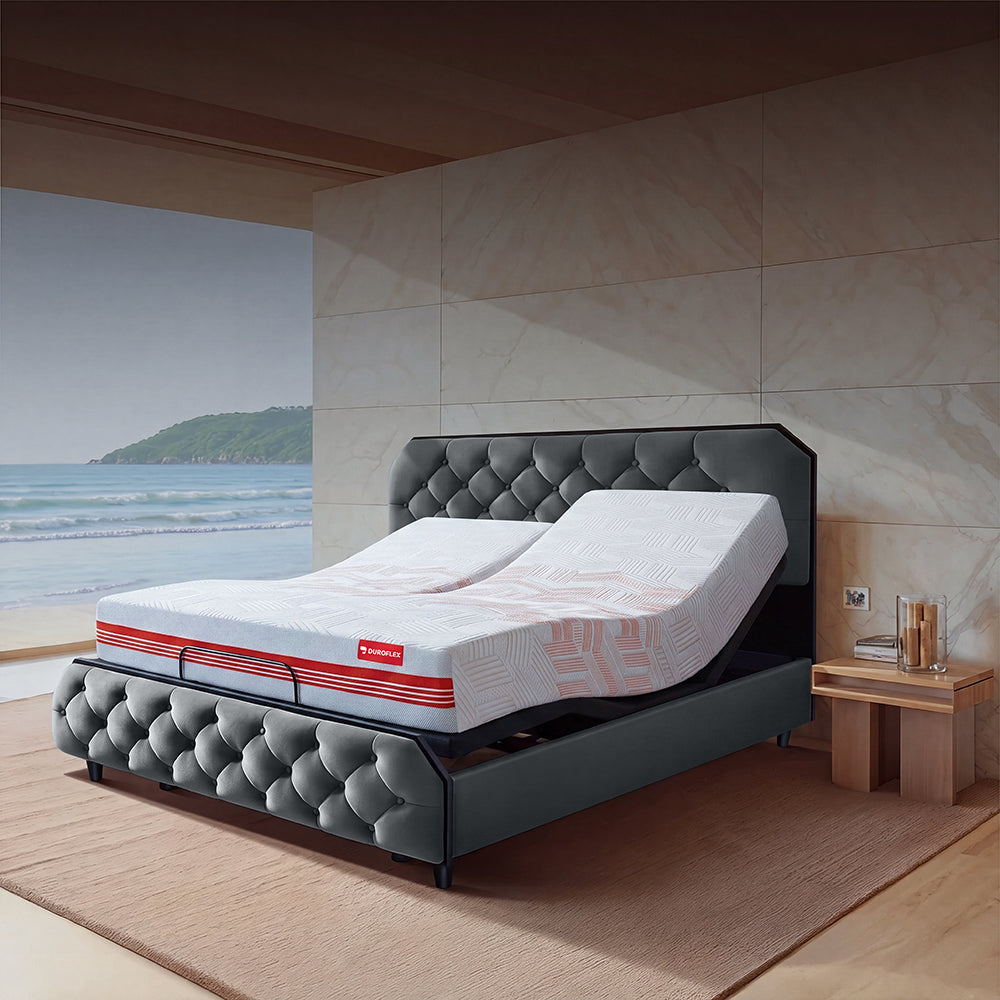 Wave Twin Adjustable Bed with Serene Grey (Stormy Weather) Upholstered Bed with Arctic Ice Quboid Split 8