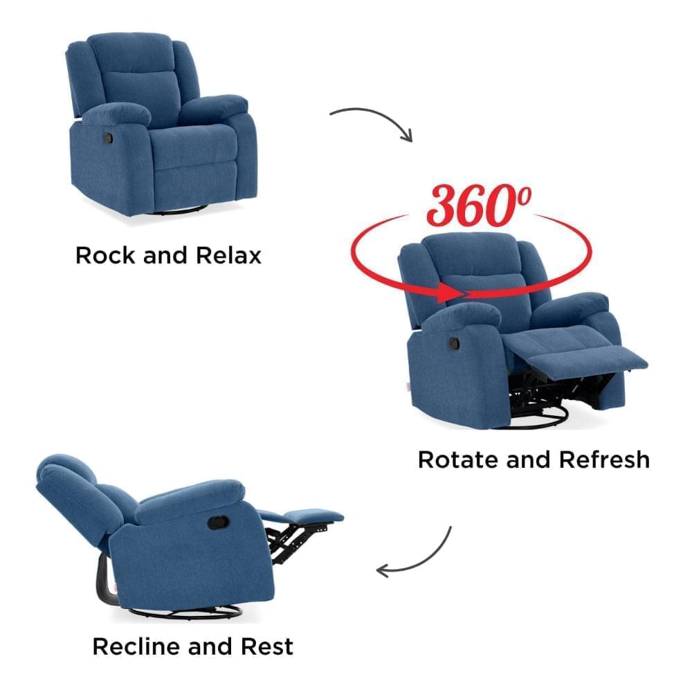 Avalon Rocking Rotating Single Seater Fabric Recliner in Twilight Blue Colour