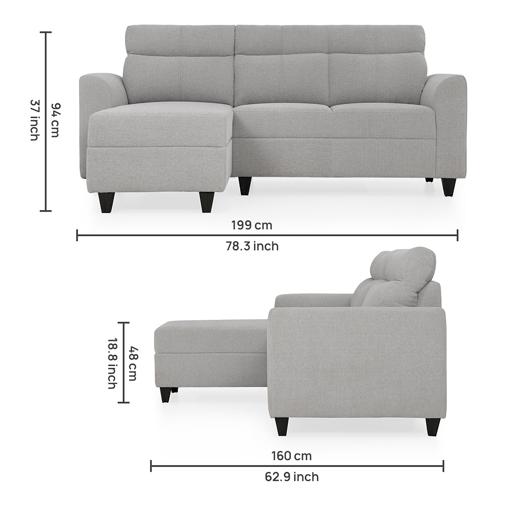 Buy Zivo Plus Cloudy Gray Fabric 2 Seater Sofa With Lounger Online