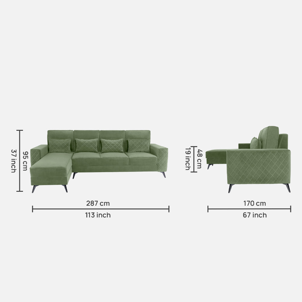 Eden Jade Green Fabric 3 Seater Sofa With Lounger