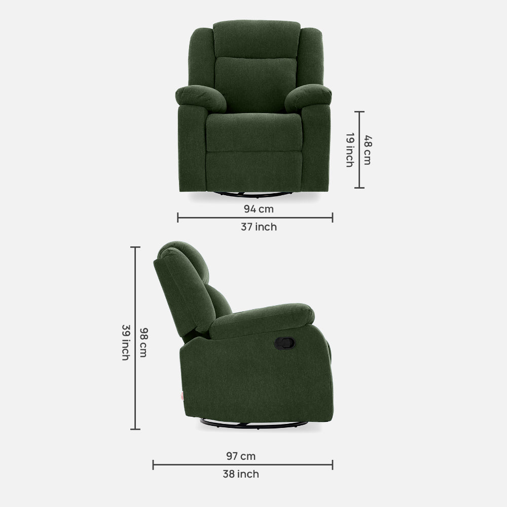 Avalon - Rocking & Rotating Single Seater Fabric Recliner In Green Colour