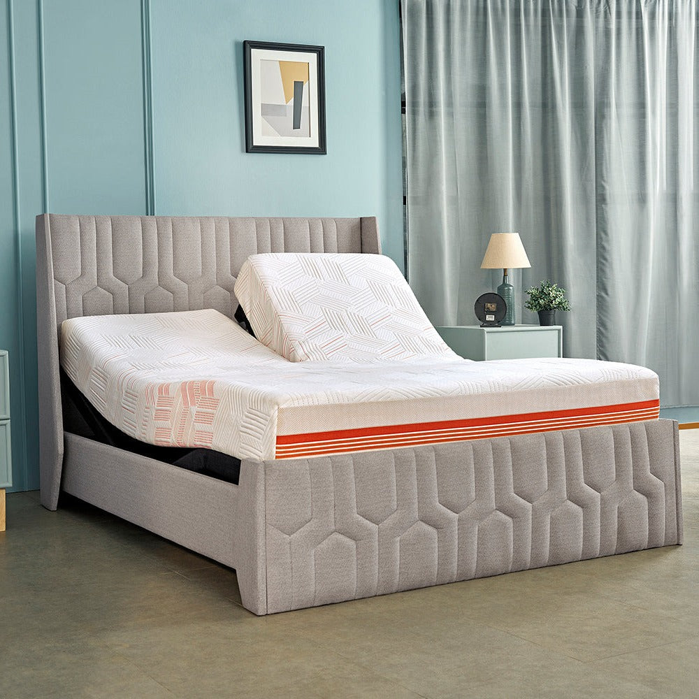 Wave Twin Adjustable Bed with Tranquil Grey (Lime Shell ) Upholstered Bed, Mattress, and 2 Fitted Bedsheets