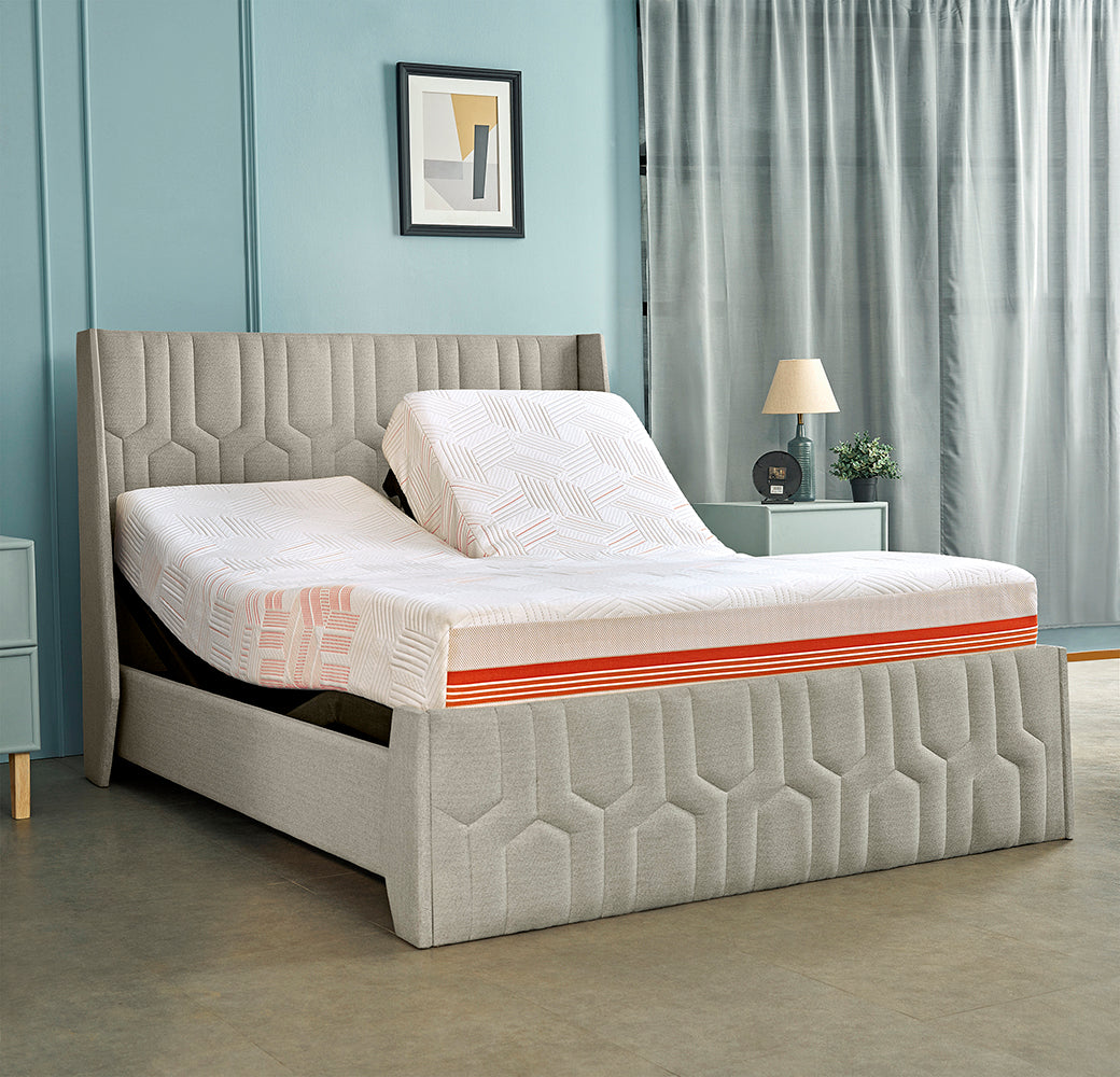 Wave Twin Adjustable Bed with Tranquil Beige ( Sea Shell )Upholstered Bed, Mattress, and 2 Fitted Bedsheets