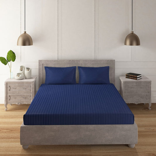 Twilight Blue 100% Cotton 210 TC Satin Stripe Bedsheet Set